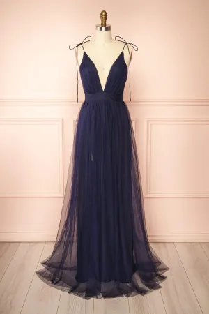 Hyedi Navy | Tulle Gown with Plunging Neckline