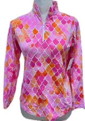 Ibkul Pink & Orange Long Sleeve Zip Mock Sun Shirt Size XS MSP$98