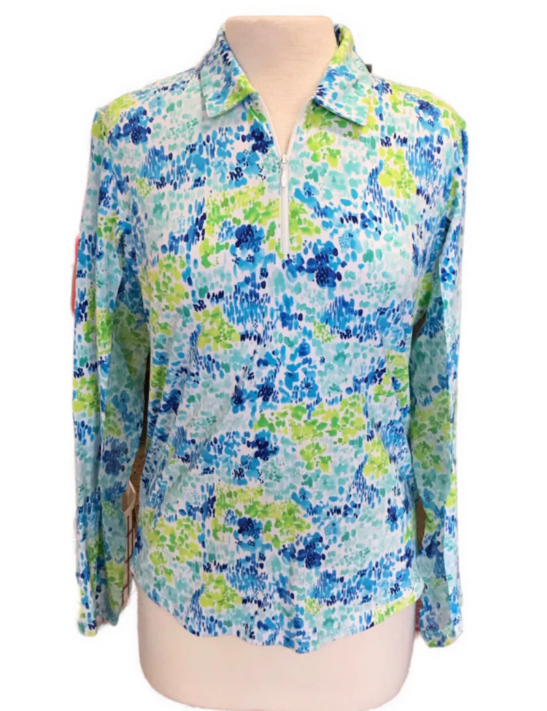 Ibkul Watercolor Blue Green and Aqua 1/4 Zip Sun Shirt Size L MSP$100