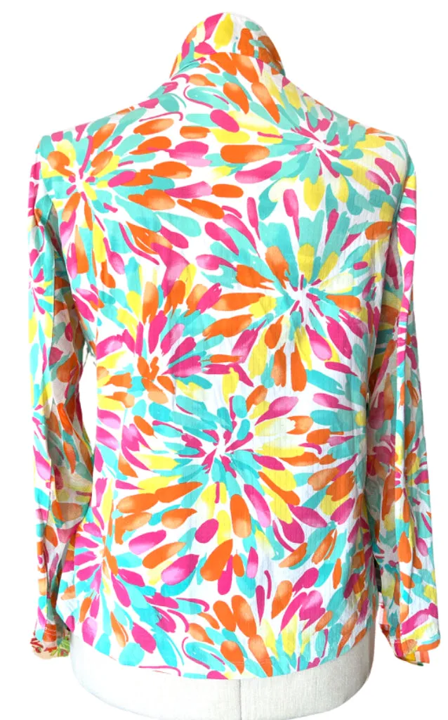 Ibkul White, Pink, Yellow & Green Floral Golf Sun Shirt Size XL. MSP$98