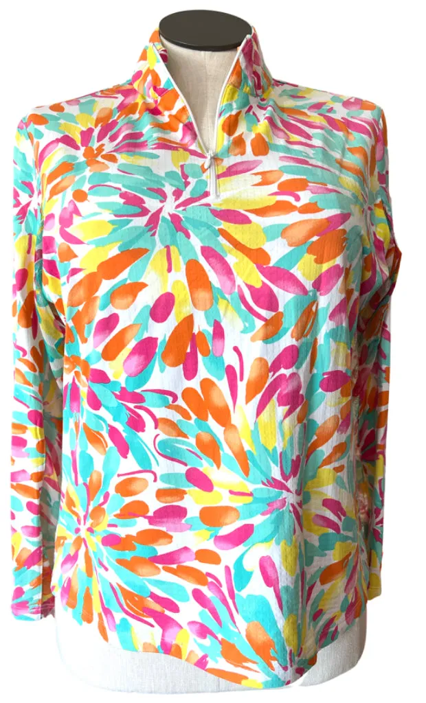 Ibkul White, Pink, Yellow & Green Floral Golf Sun Shirt Size XL. MSP$98