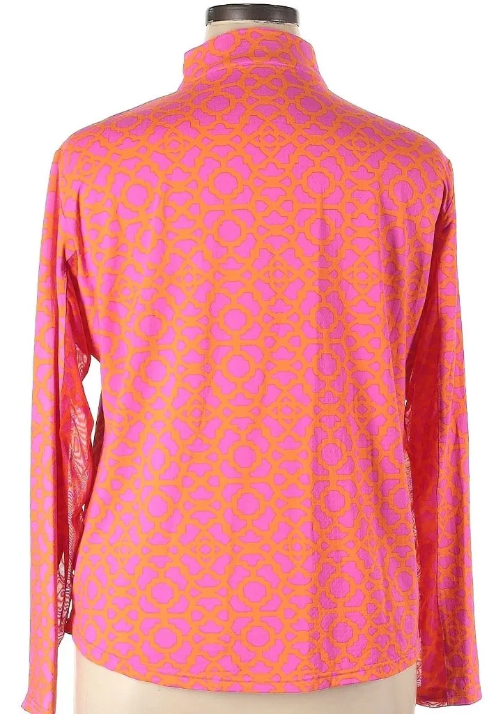 Icikuls Orange & Pink Print Zip Mock Long Sleeve Sun Shirt Size XXL