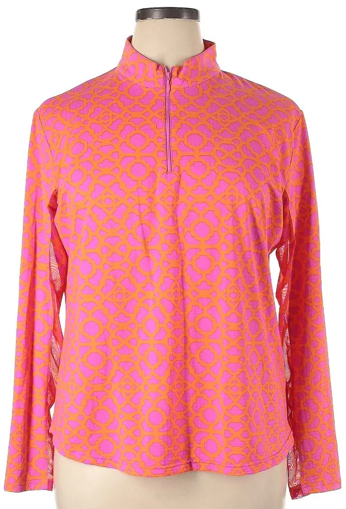 Icikuls Orange & Pink Print Zip Mock Long Sleeve Sun Shirt Size XXL