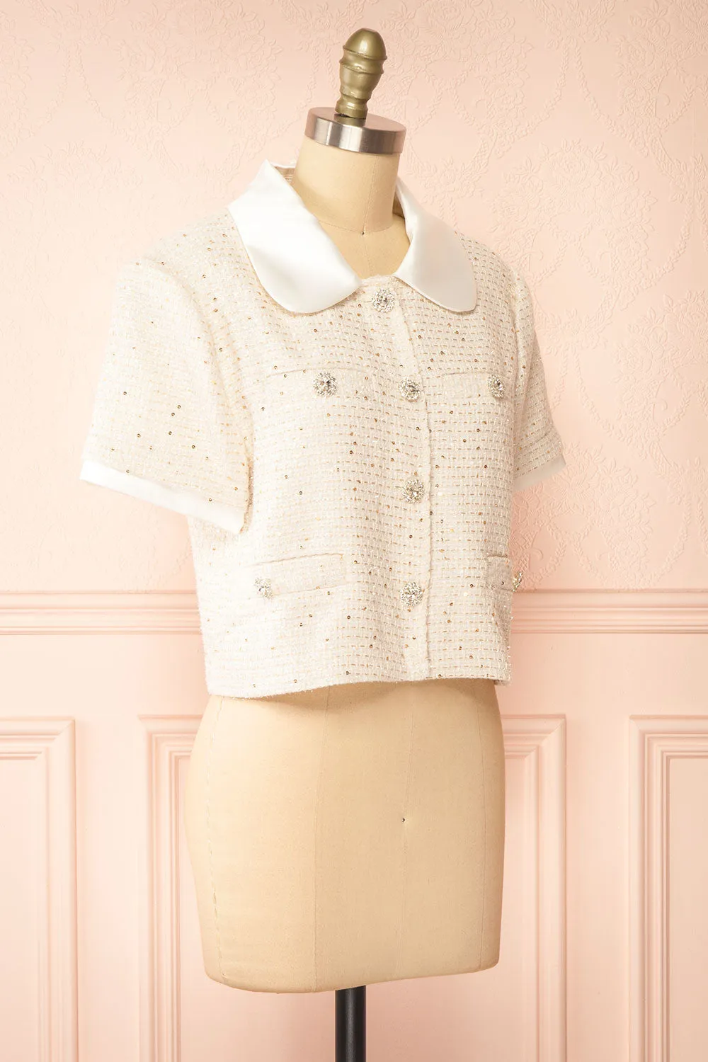 Jackilee | Cropped Beige Tweed Top w/ Sequins