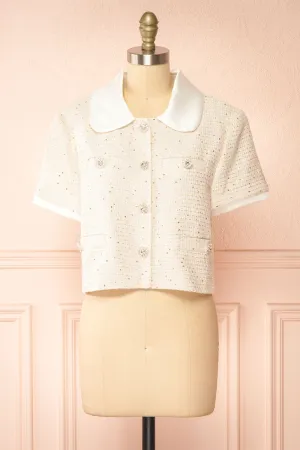 Jackilee | Cropped Beige Tweed Top w/ Sequins