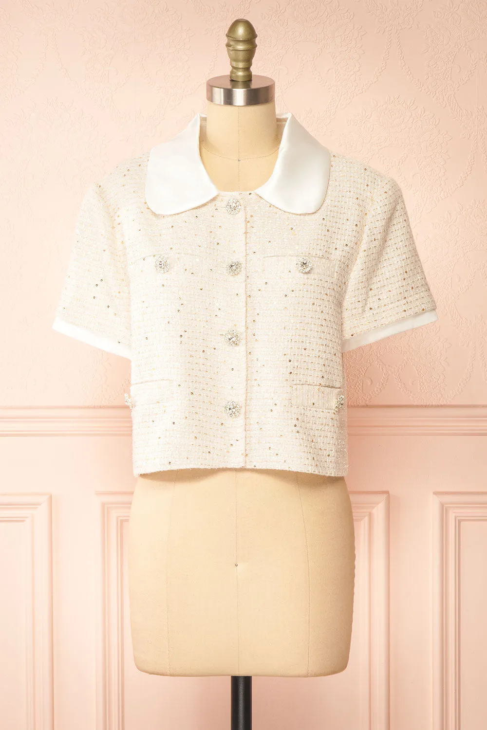 Jackilee | Cropped Beige Tweed Top w/ Sequins