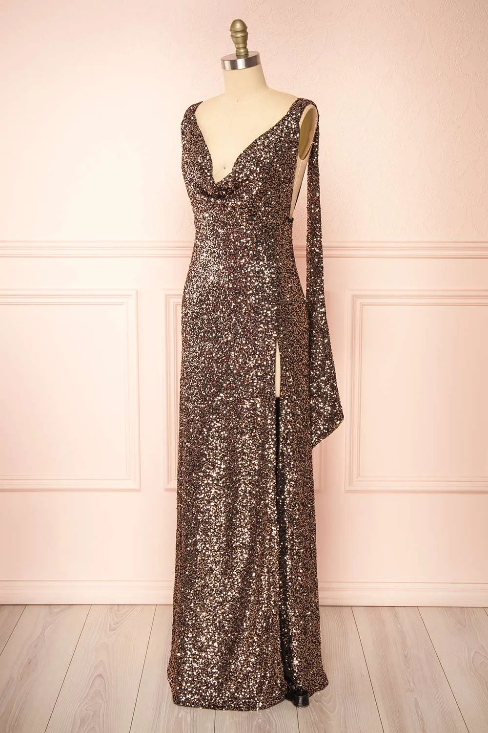 Janett | Black Maxi Dress w/ Rosegold Sequins & Slit
