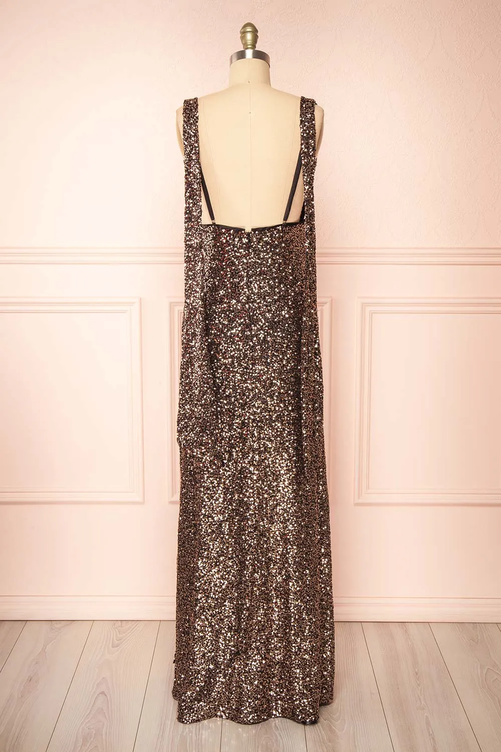 Janett | Black Maxi Dress w/ Rosegold Sequins & Slit
