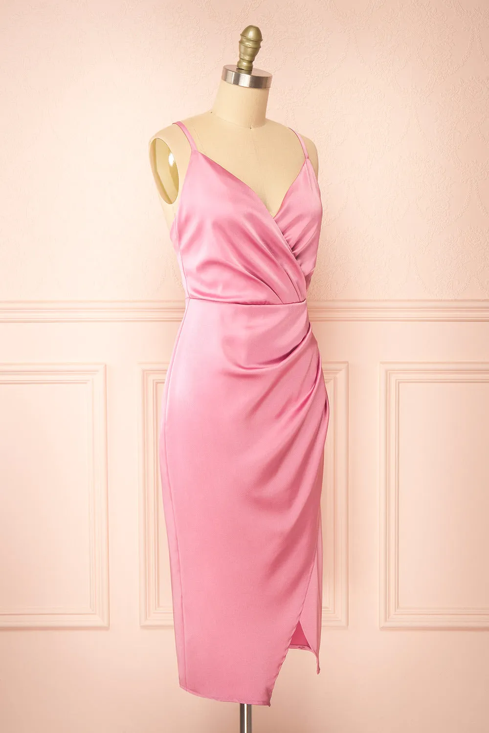 Jazebelle | Pink Satin Midi Dress w/ Slit