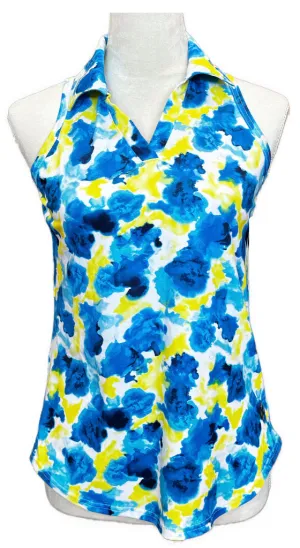 Jofit V-Neck Yellow and Blue Watercolor Spot Sleeveless Golf Top Size XS