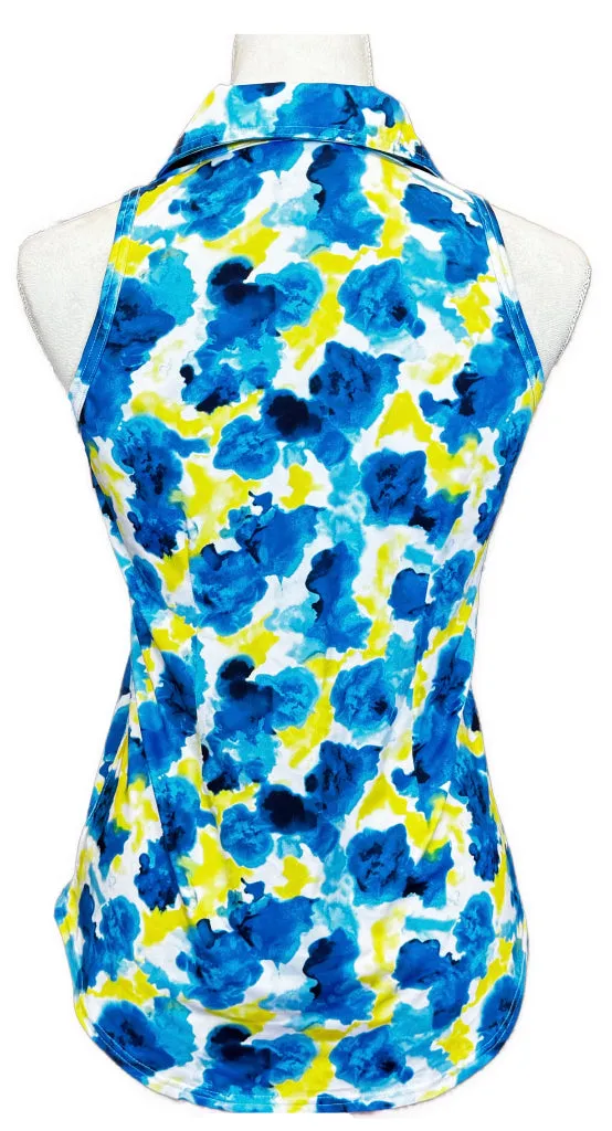 Jofit V-Neck Yellow and Blue Watercolor Spot Sleeveless Golf Top Size XS