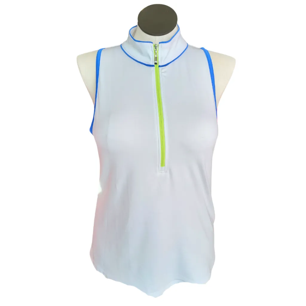 Jofit White Sleeveless Top 1/4 Zip Blue and Lime Details Size XL MSP $90