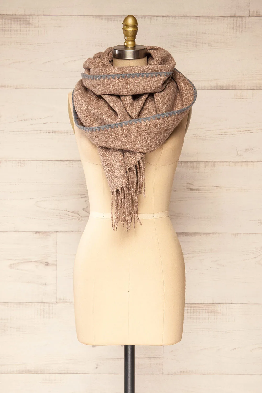 Kaspiysk Taupe | Woven Scarf w/ Grey Trim