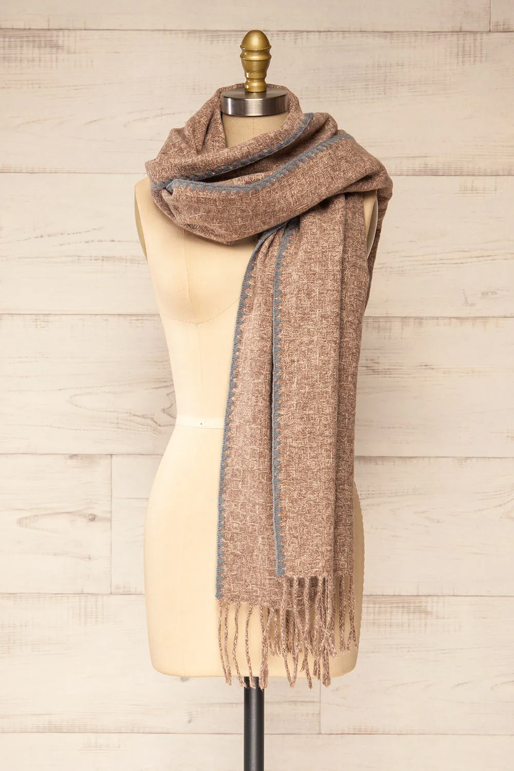 Kaspiysk Taupe | Woven Scarf w/ Grey Trim