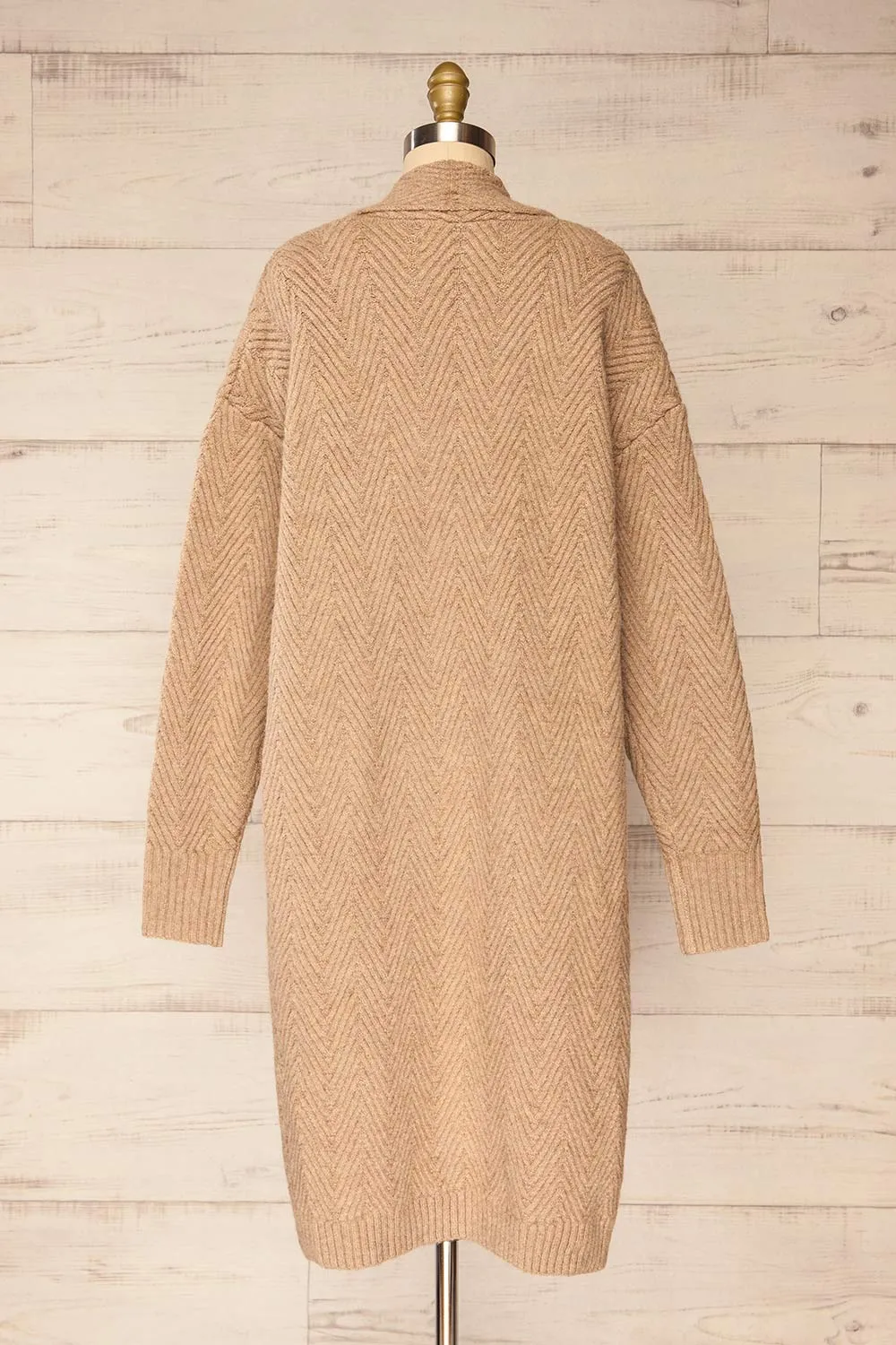 Kastamonu | Beige Herringbone Knit Long Cardigan
