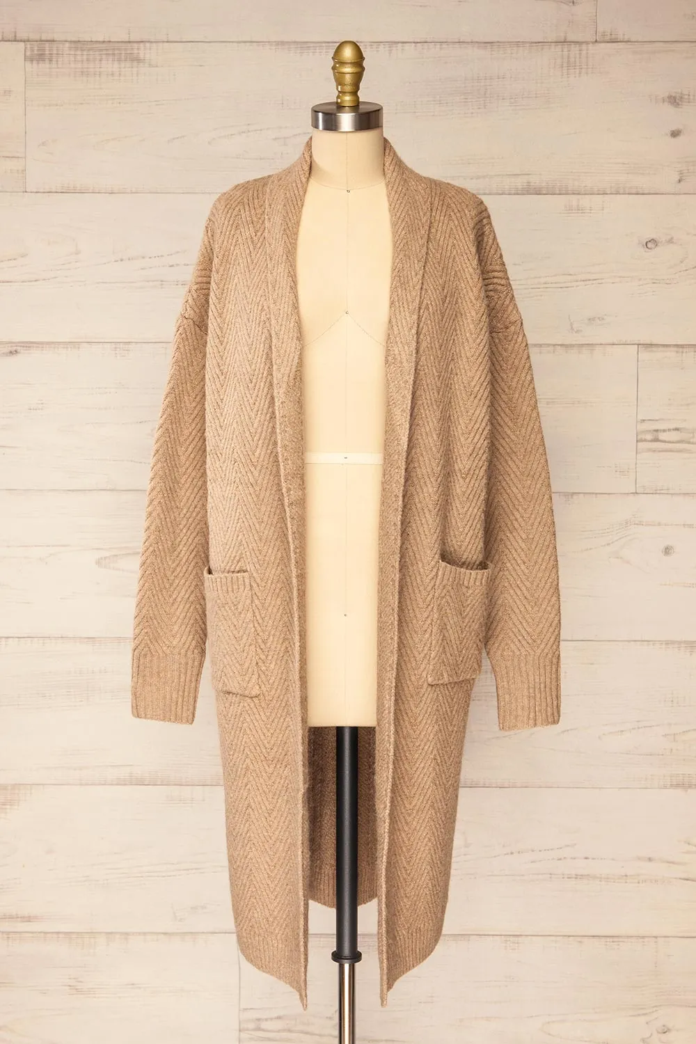 Kastamonu | Beige Herringbone Knit Long Cardigan