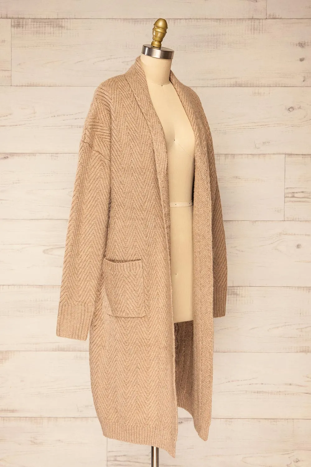 Kastamonu | Beige Herringbone Knit Long Cardigan