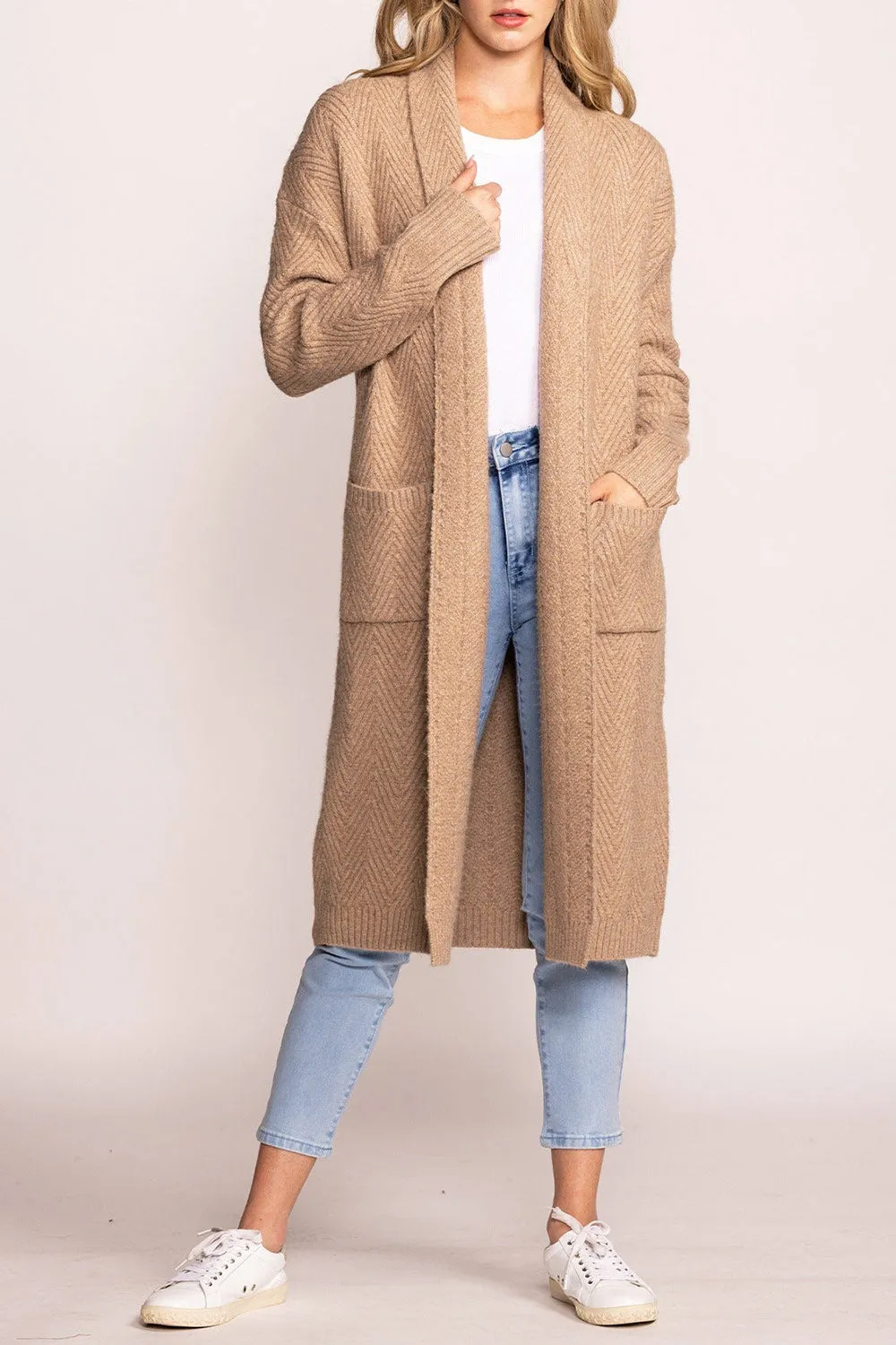Kastamonu | Beige Herringbone Knit Long Cardigan