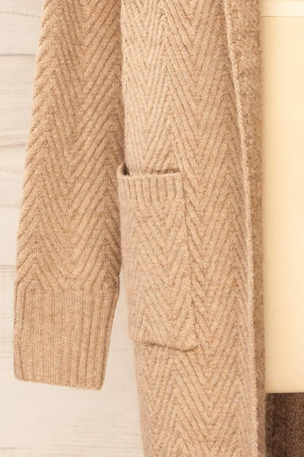 Kastamonu | Beige Herringbone Knit Long Cardigan