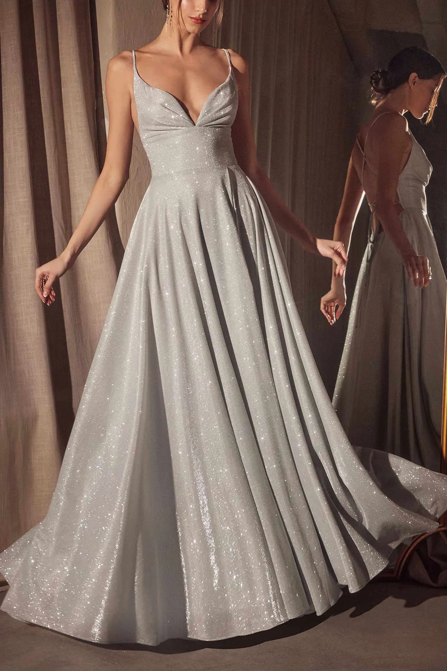 Ketia Silver | Sparkly Maxi Dress w/ V-Neckline
