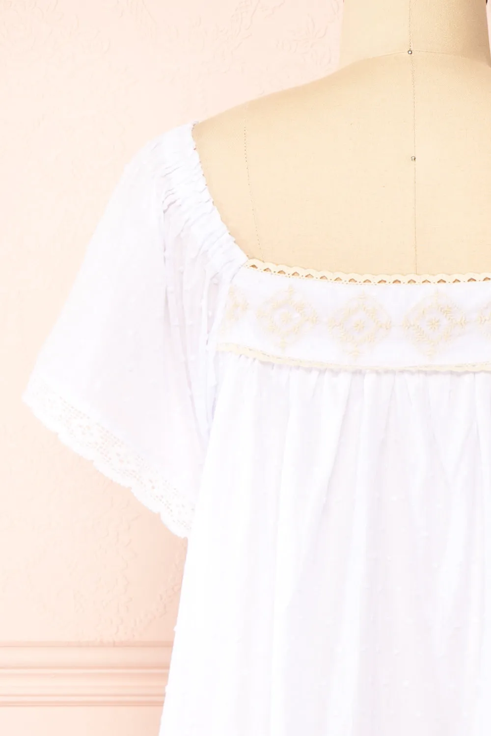 Khalesy White | Short Sleeve Top w/ Embroidery