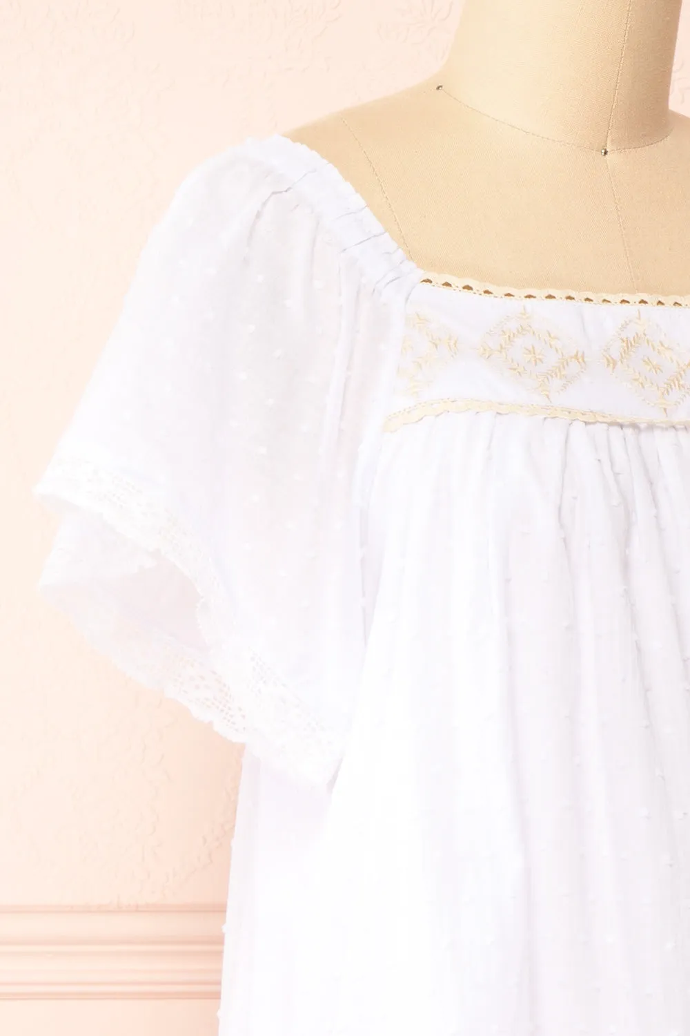 Khalesy White | Short Sleeve Top w/ Embroidery