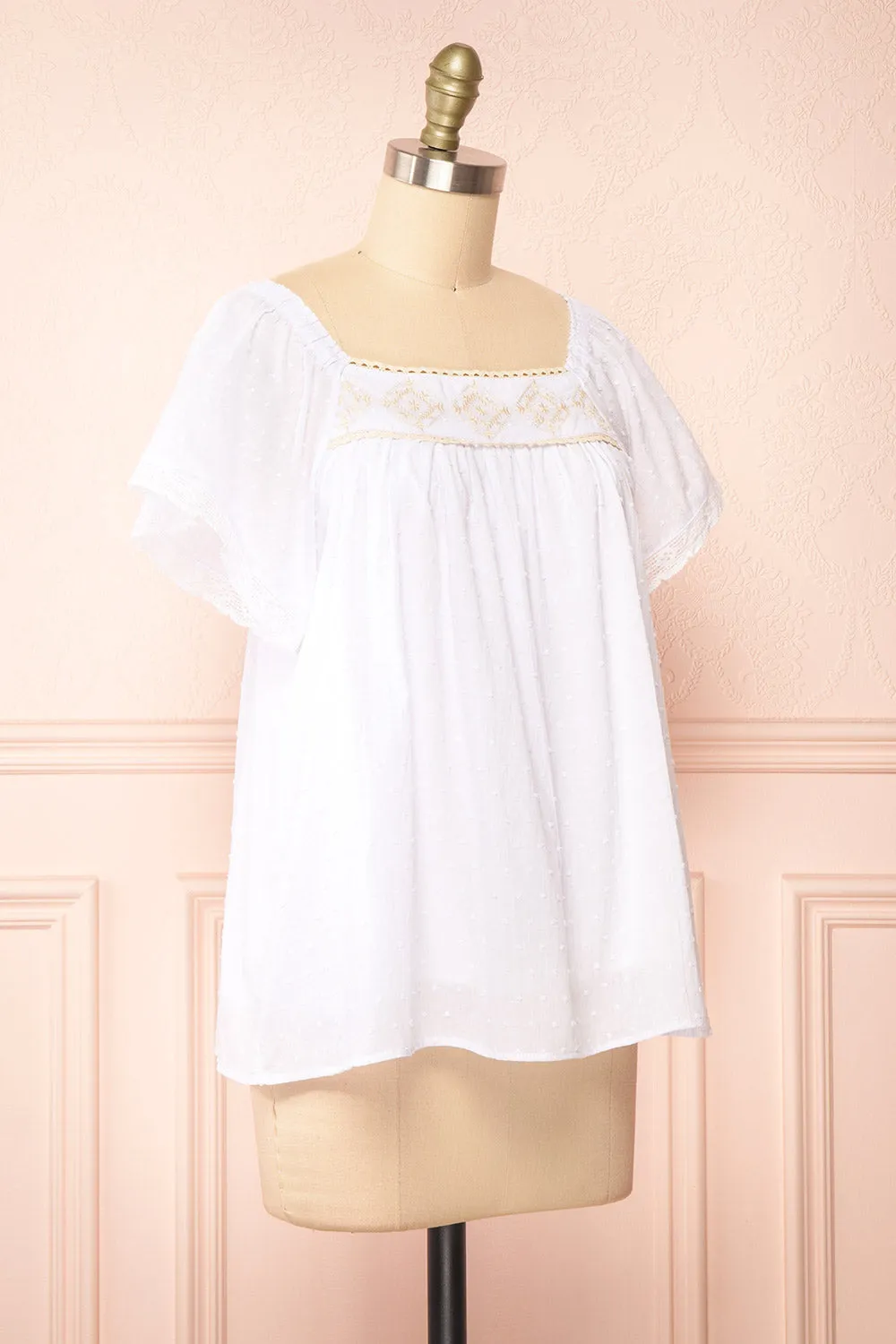 Khalesy White | Short Sleeve Top w/ Embroidery