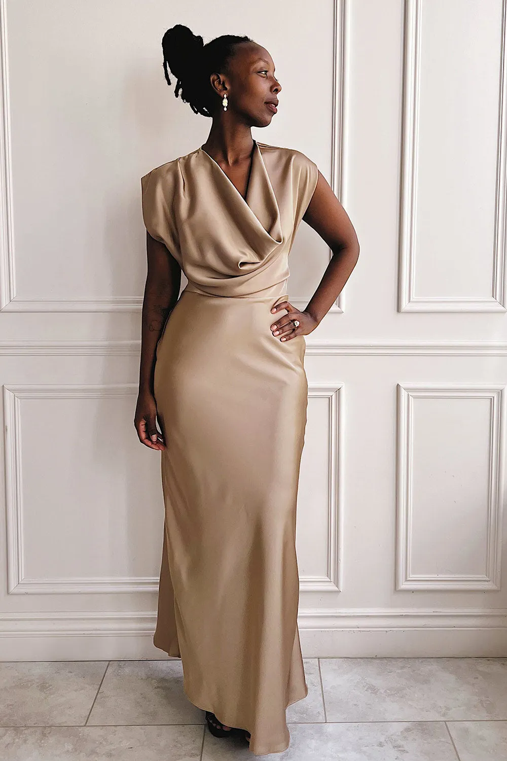 Korpa Champagne | Satin Maxi Dress w/ Cowl Neck