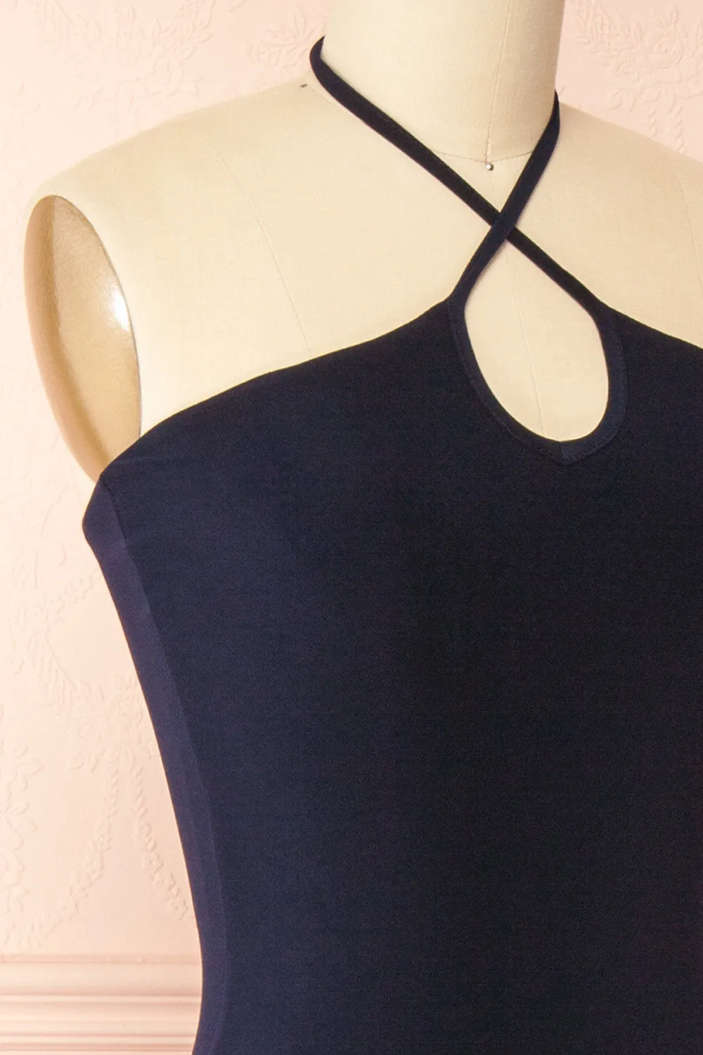 Leora Navy | Long Dress w/ Criss-Cross Halter Neckline