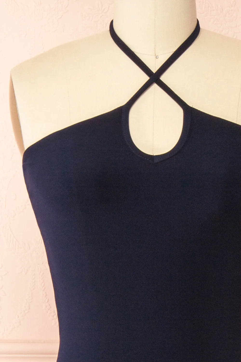 Leora Navy | Long Dress w/ Criss-Cross Halter Neckline