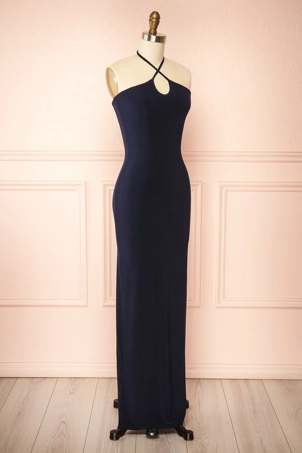 Leora Navy | Long Dress w/ Criss-Cross Halter Neckline
