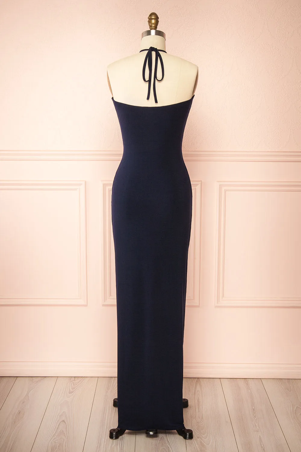 Leora Navy | Long Dress w/ Criss-Cross Halter Neckline