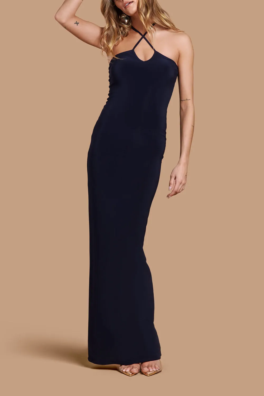 Leora Navy | Long Dress w/ Criss-Cross Halter Neckline