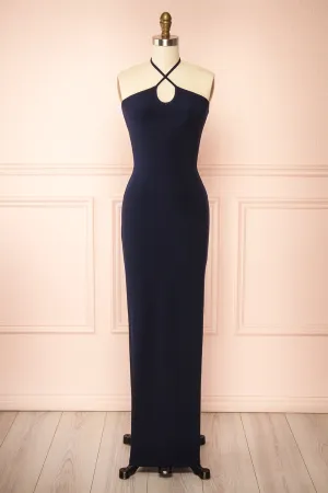 Leora Navy | Long Dress w/ Criss-Cross Halter Neckline