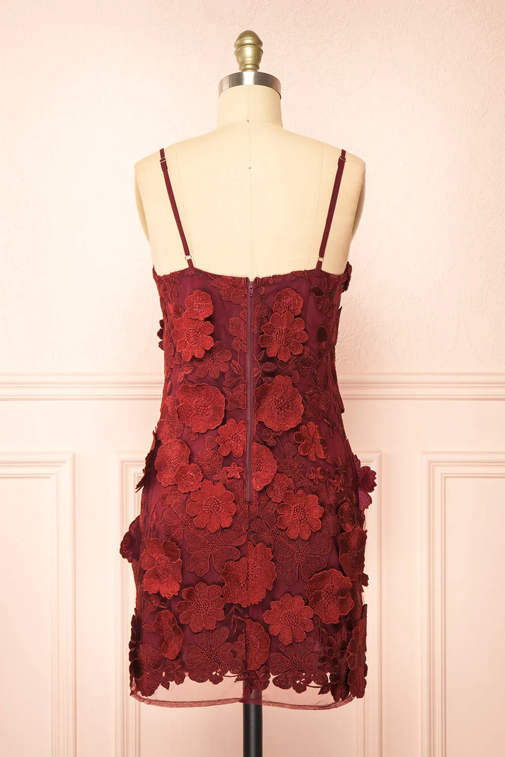 Liliane Burgundy | Short Mesh Dress w/ Floral Appliqués