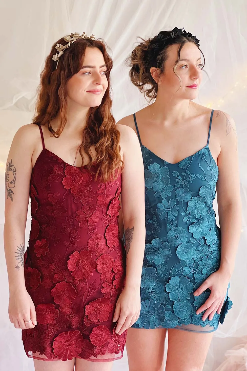 Liliane Burgundy | Short Mesh Dress w/ Floral Appliqués