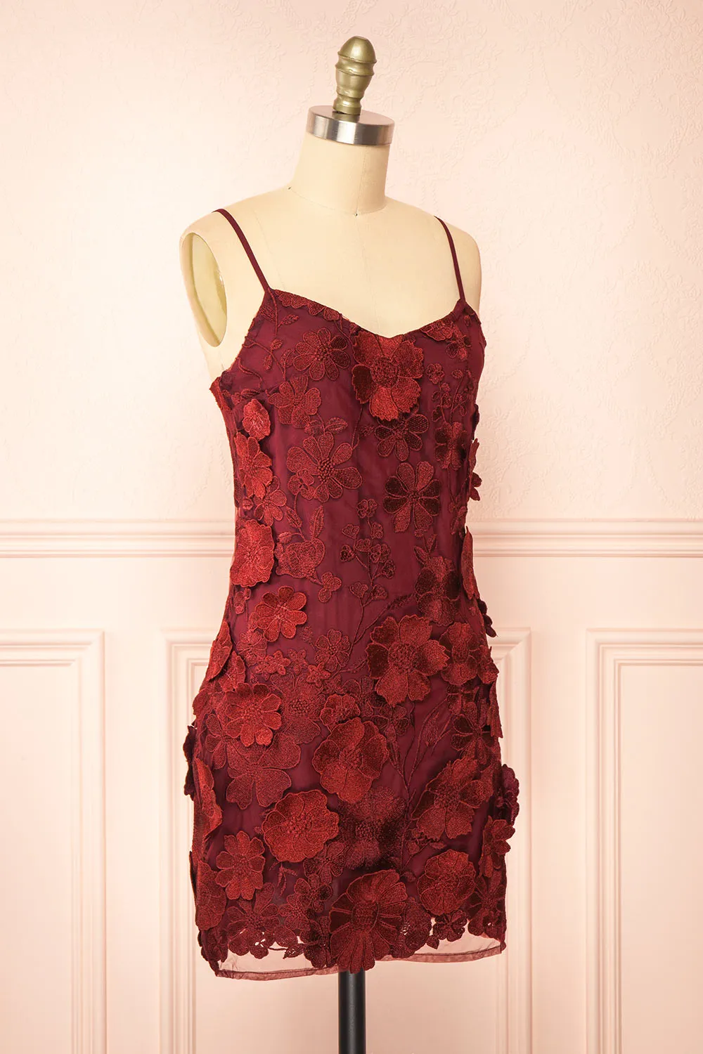 Liliane Burgundy | Short Mesh Dress w/ Floral Appliqués