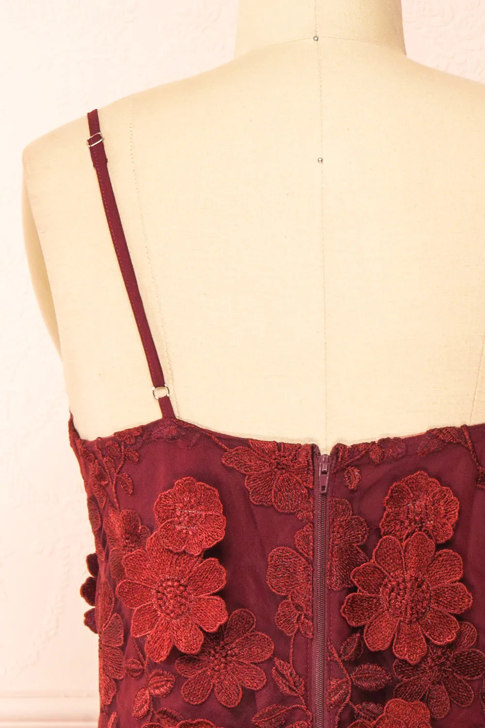 Liliane Burgundy | Short Mesh Dress w/ Floral Appliqués