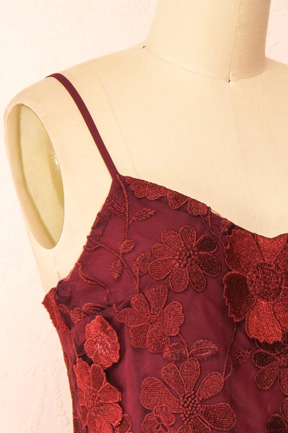 Liliane Burgundy | Short Mesh Dress w/ Floral Appliqués