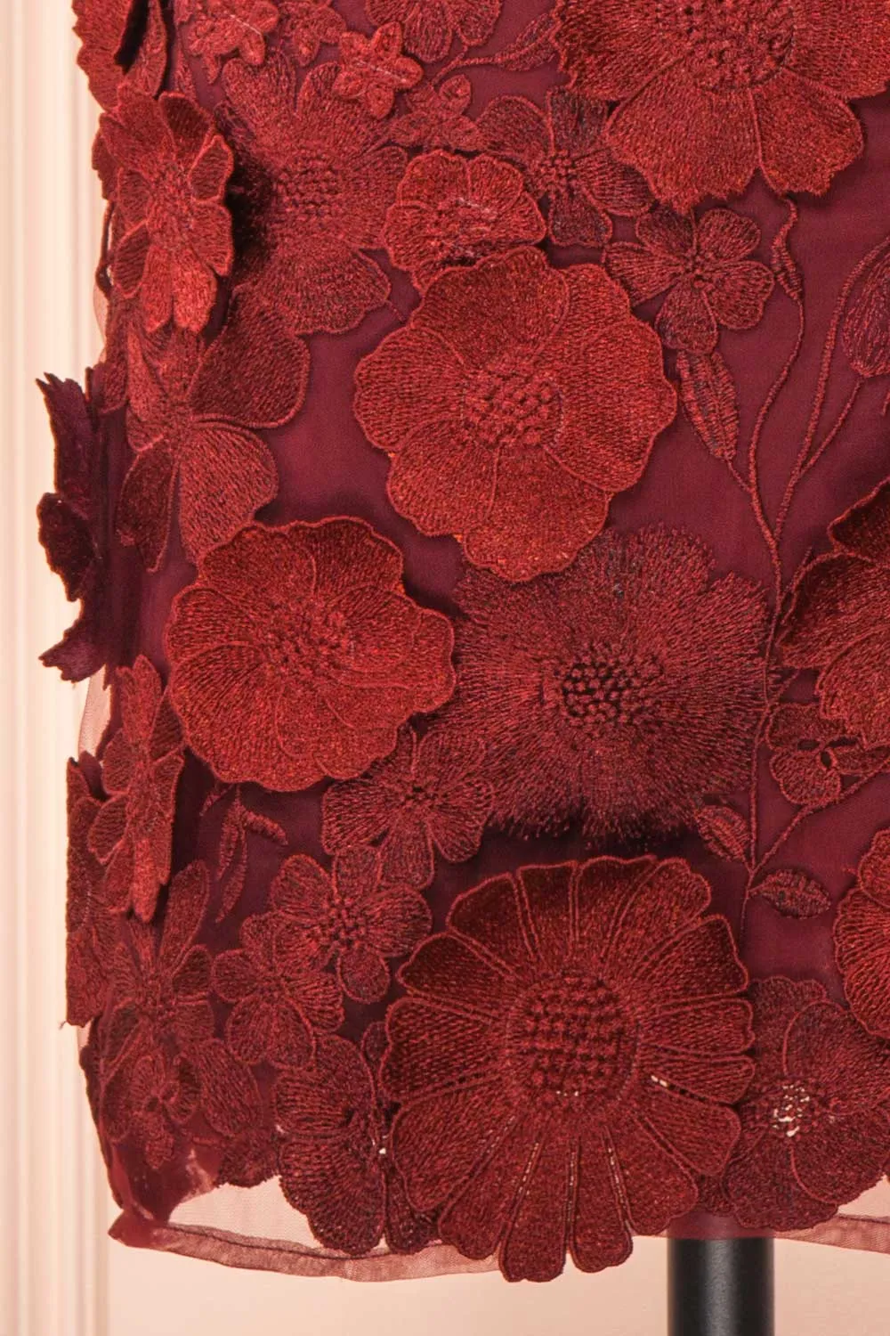 Liliane Burgundy | Short Mesh Dress w/ Floral Appliqués