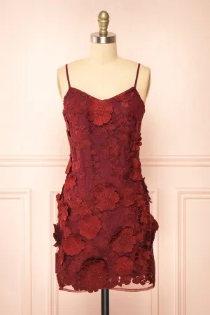 Liliane Burgundy | Short Mesh Dress w/ Floral Appliqués