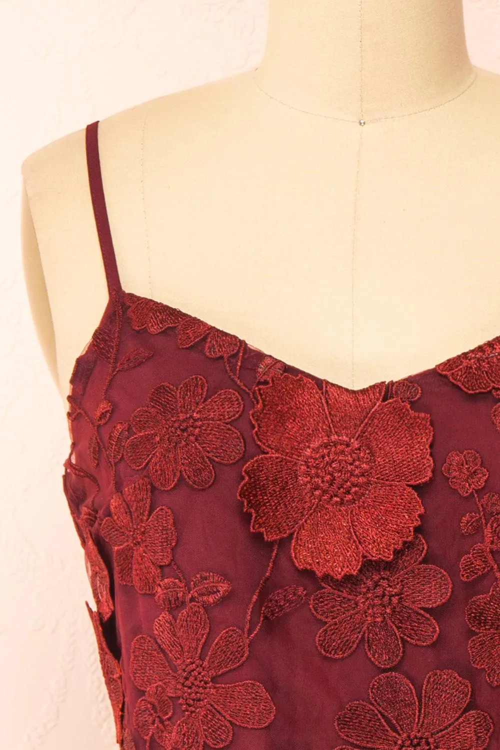 Liliane Burgundy | Short Mesh Dress w/ Floral Appliqués