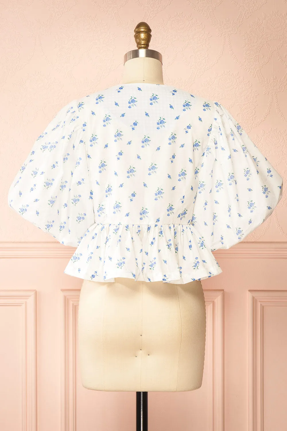 Mayssa Blue | Floral Tie-Front Puffy Sleeve Blouse