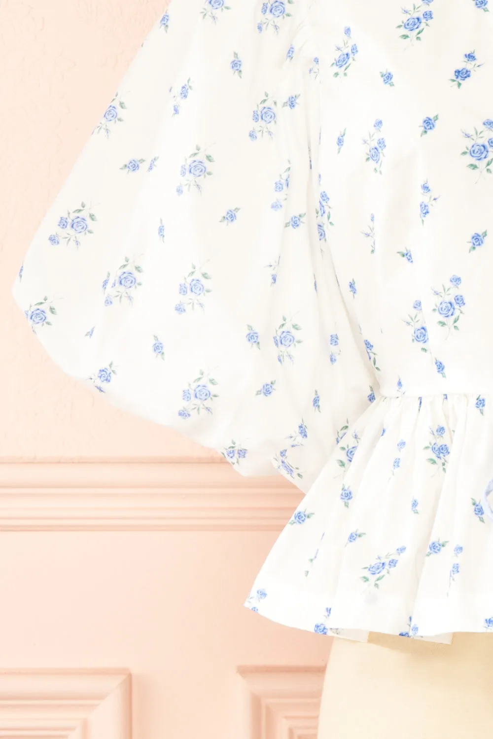 Mayssa Blue | Floral Tie-Front Puffy Sleeve Blouse