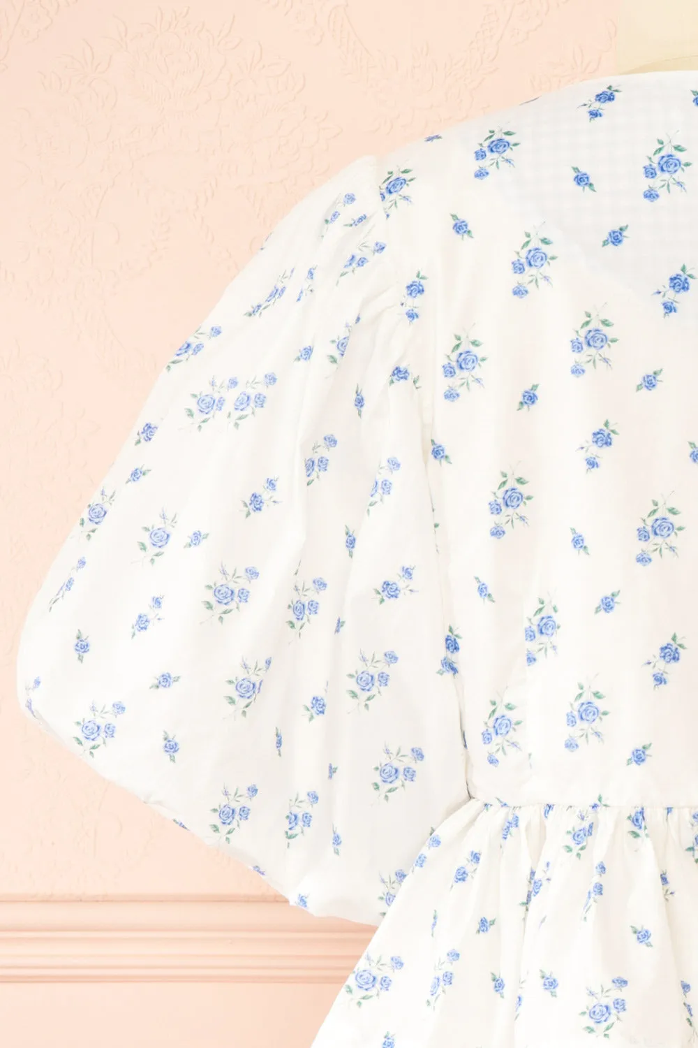 Mayssa Blue | Floral Tie-Front Puffy Sleeve Blouse