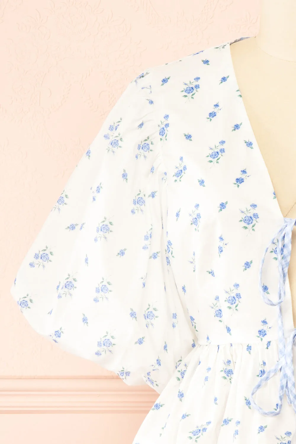 Mayssa Blue | Floral Tie-Front Puffy Sleeve Blouse