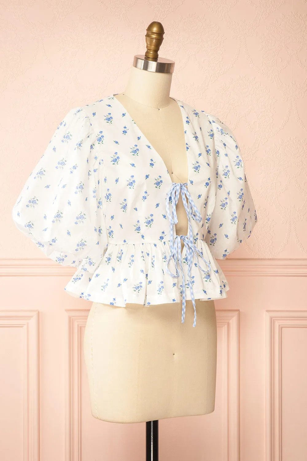 Mayssa Blue | Floral Tie-Front Puffy Sleeve Blouse