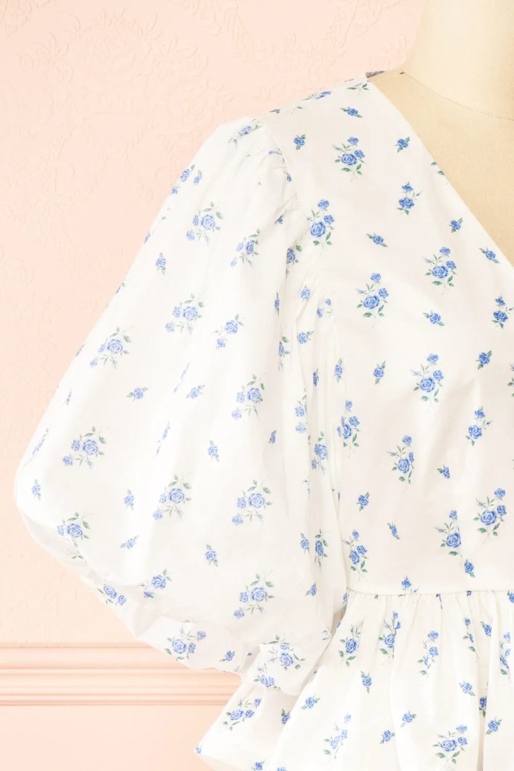 Mayssa Blue | Floral Tie-Front Puffy Sleeve Blouse