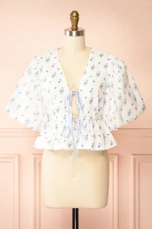 Mayssa Blue | Floral Tie-Front Puffy Sleeve Blouse