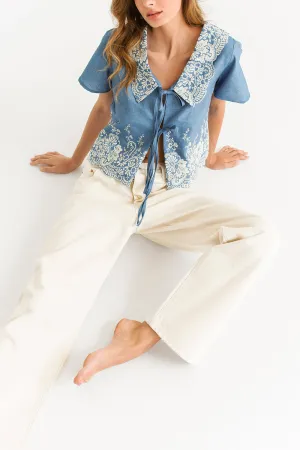 Meryl Blue | Denim Blouse w/ Floral embroidery & Tied Bows